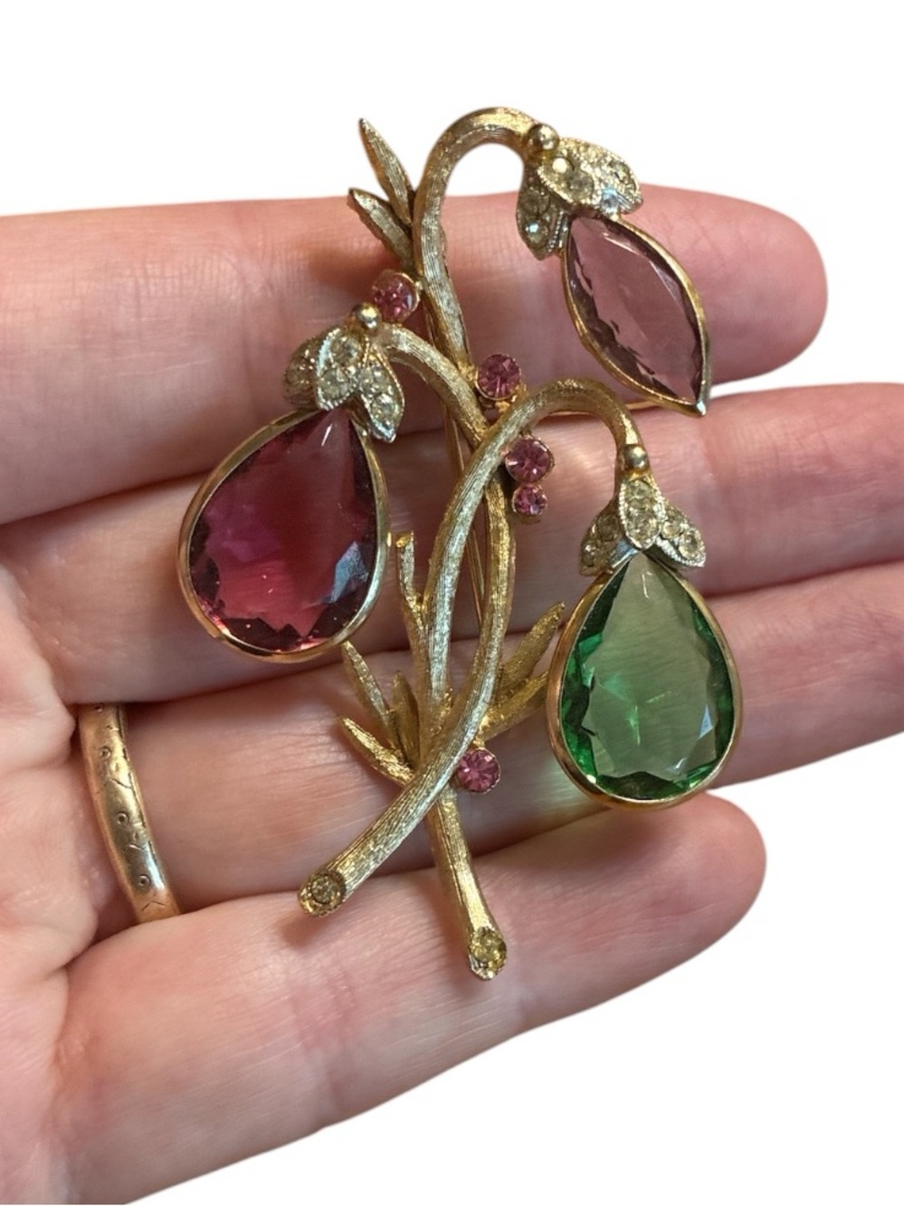 BSK Gold-Tone Floral Drop Brooch with Pink and Green Teardrop Stones